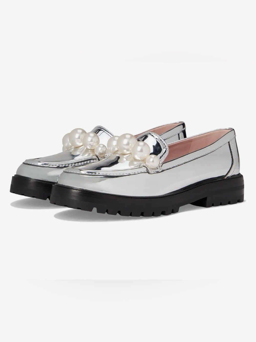 NWOT kate spade Metallic Silver Pearl-Trim Loafers